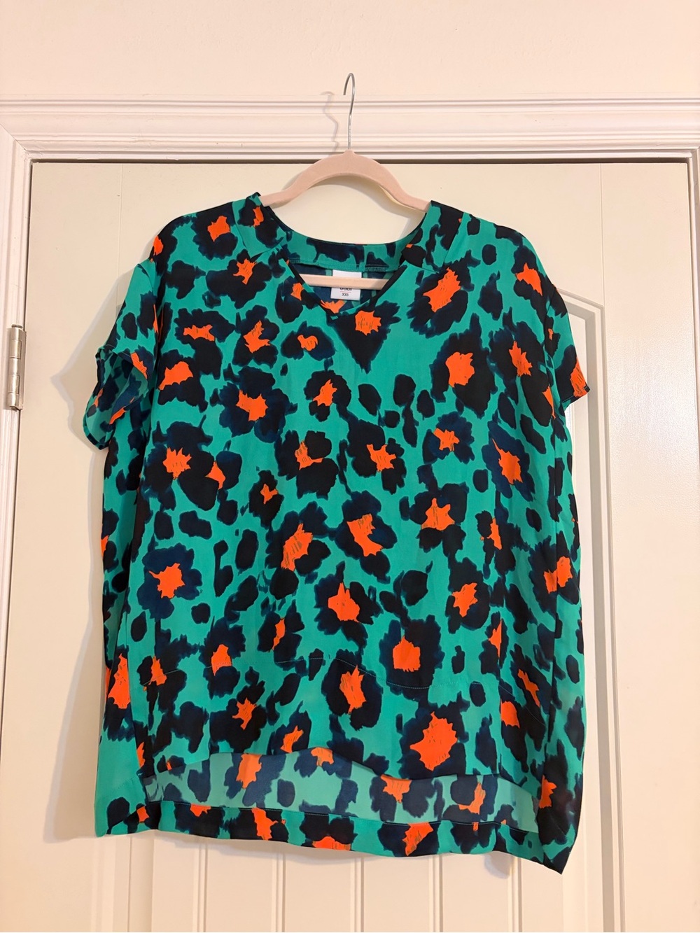 CAbi Teal, Black & Orange Leopard Print Short Sleeve Blouse